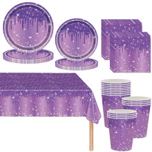 Purple Shiny Glitter Diamond Party Tableware for Adults/Kids,81pcs Purple Birthday Dinnerware Paper Plates Cups Napkins and Tablecloth Set for Her