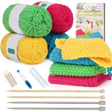 Aelike Knitting Kit for Beginners, Dishcloth Knitting Kit, Knitting Set with 25cm Metal & Bamboo Needles, Instructions and Yarn, Knitting Starter Kit