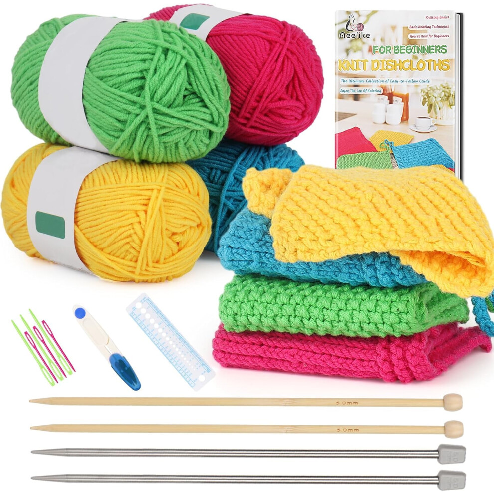 Aeelike Aelike Knitting Kit For Beginners, Dishcloth Knitting Kit, Knitting Set With 25Cm Metal & Bamboo Needles, Instructions And Yarn, Knitting Starter Kit