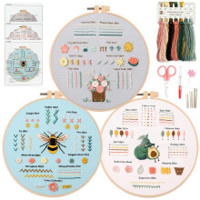 Myfelicity 3 Embroidery kit for Beginners, Embroidery Starter Kits to Learn 28 Different Stitches, Including Fabric with Prints, Threads, Needles,