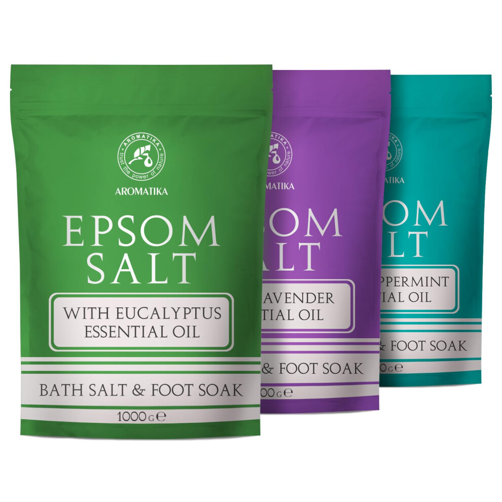 Aromatika Trust The Power Of Nature Epsom Bath Salt Set 3?1000 G - Epsom Salt With Eucalyptus & Peppermint & Lavender Essential Oils - Pure & Natural - Concentrated Magnesium Sulphate
