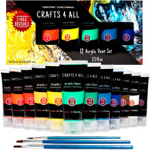 Crafts 4 ALL Large Acrylic Paint Set - 12 Vibrant Colors in 75ml Tubes w/ 3 Bonus Brushes - Professional Art Supplies for Painting on Paper, Canvas,