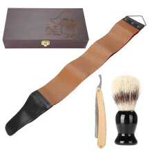 Kit de barbear com 3 peças: barbeador manual, escova para barba, estojo de couro para barbear e caixa de madeira para presente.