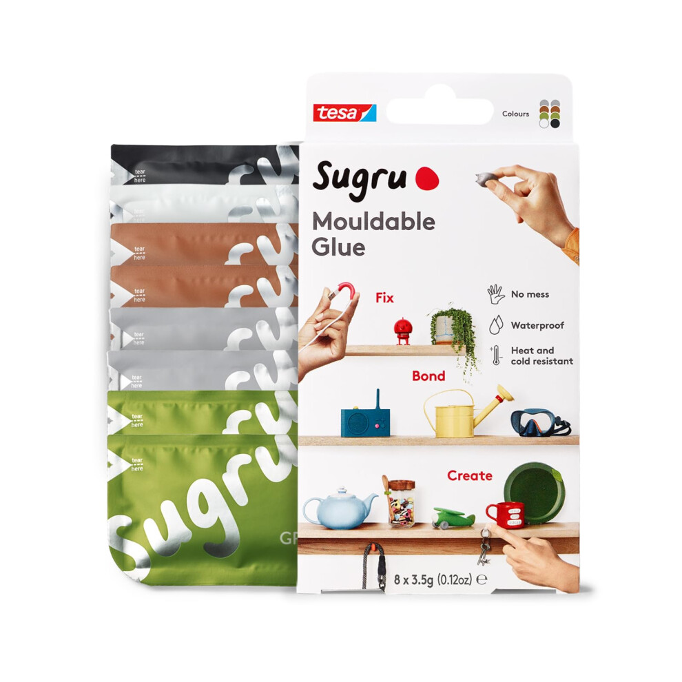 Sugru By Tesa - Mouldable Multi-Purpose Glue For Creative Fixing And Making, Black, White, Green, Brown And Gray, 8-Pack 5051222056226