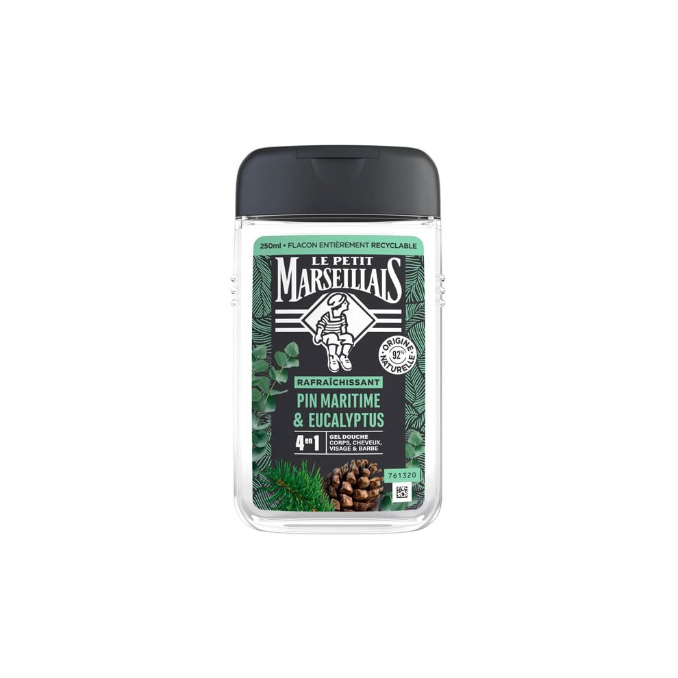 Le Petit Marseillais - Shower Gel For Men, Maritime Pine & Eucalyptus (250Ml Bottle), 4-In-1 Formula For Body, Hair, Face & Beard, 92% Ingredients Of