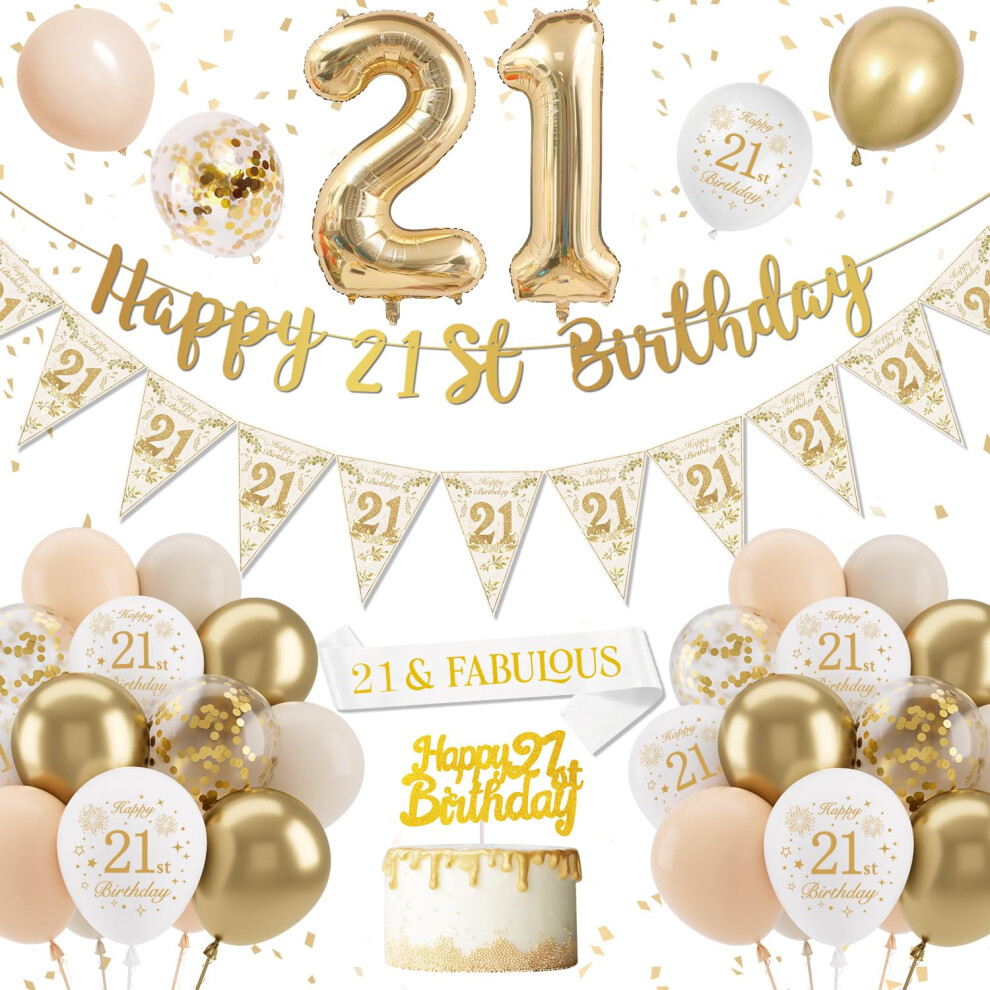 Djlla Sand White Gold 21St Birthday Decorations - Balloons, Banner, Cake Topper & Confetti For Her