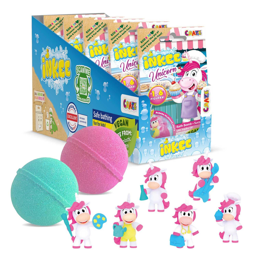 Inkee Unicorn Bath Bombs For Kids ? Set Of 5 Fizzy Bath Bombs With Hidden Collectable Toys ? Banana Milkshake Scent With Jojoba Oil ? Fun Bath Time