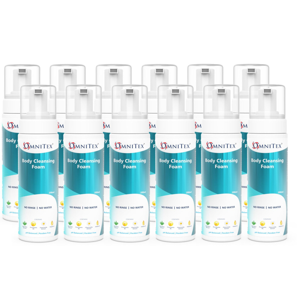 Omnitex 12X 200Ml Rinse Free Body Cleansing Foam, With Herbal Oils & Vitamins | No Water - No Rinse Body Wash | Clean, Nourish & Protect, No Parabens,