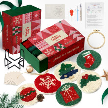 yuegool 6PCS Christmas Punch Needle Coaster Kit,Easy DIY Embroidery Set for Beginners, Kids & Adults with Patterns, Tools, Yarns, Hoop, Instructions &