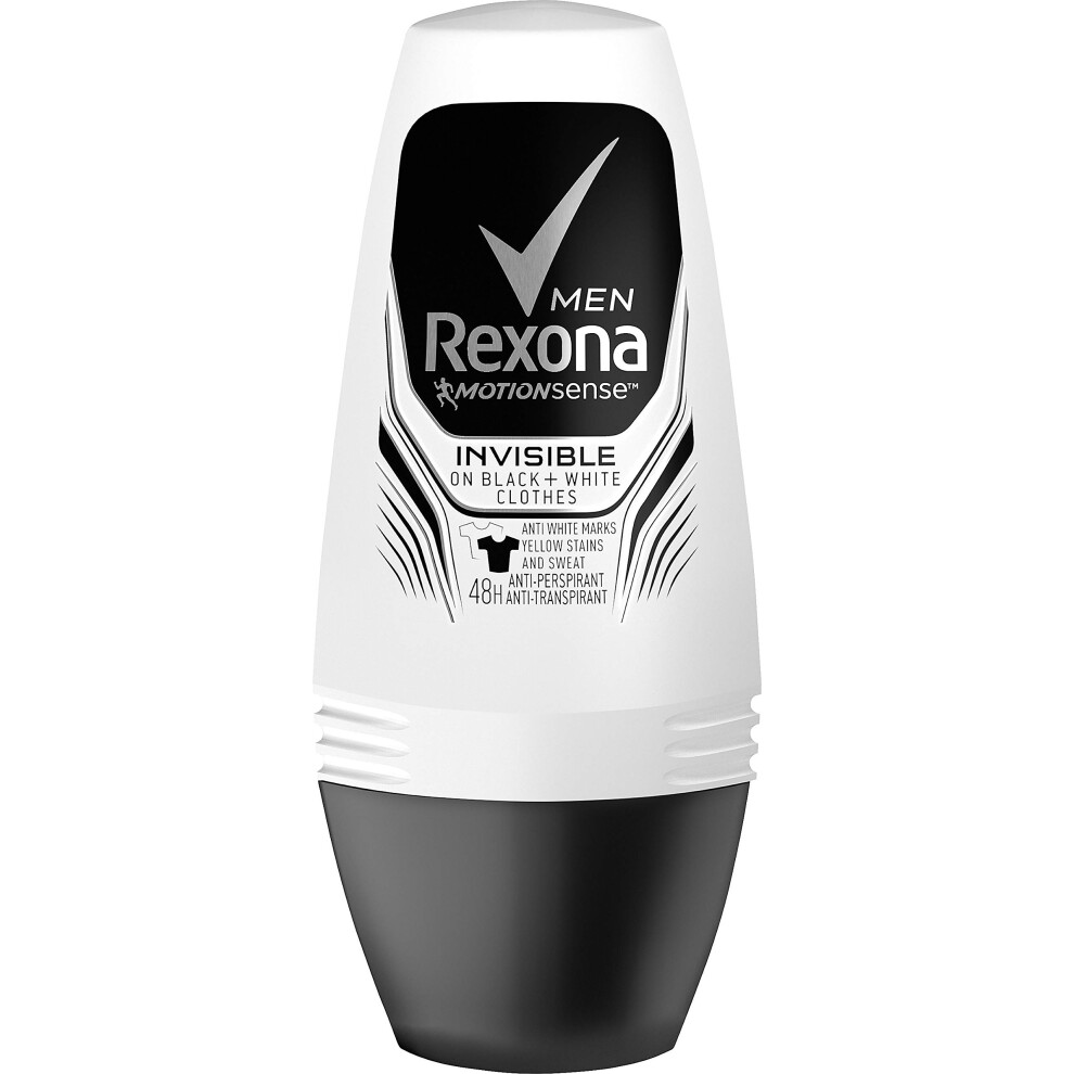 Rexona Men's Black/White Roll-On Invisible On And Clothes, Antiperspirant Deodorant, 6 X 50 Ml