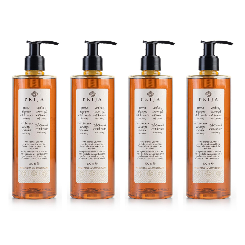 Prija Vitalising Shower Gel And Shampoo With Ginseng Extract - 4 X 380 Ml - Hydrating And Energising Body And Hair Wash Gel With Pump Dispenser