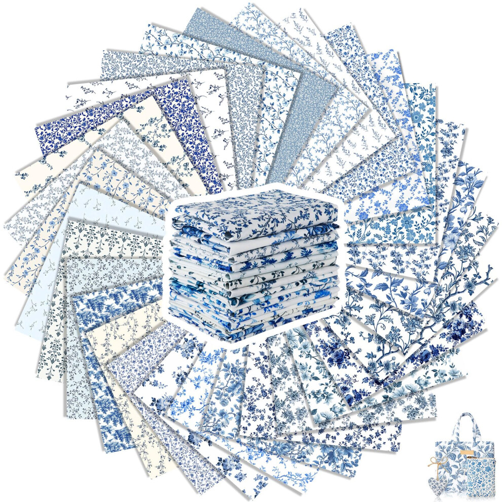 Tatuo 30 Pcs 10 X 10 Inches Blue And White Floral Cotton Fabric Quilting Bundle Squares Patchwork Floral Fabric Sewing Quilting Bundles Assorted Blue,White 5051221549477