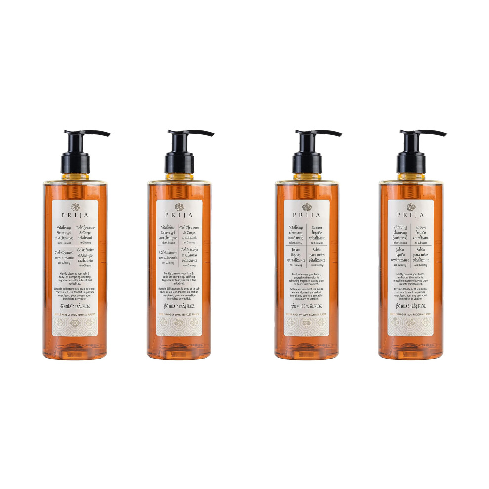Prija Vitalising Cleansing Hand Wash With Ginseng Extract And Vitalising 2 In 1 Shower Gel And Shampoo Bundle 4 X 380Ml