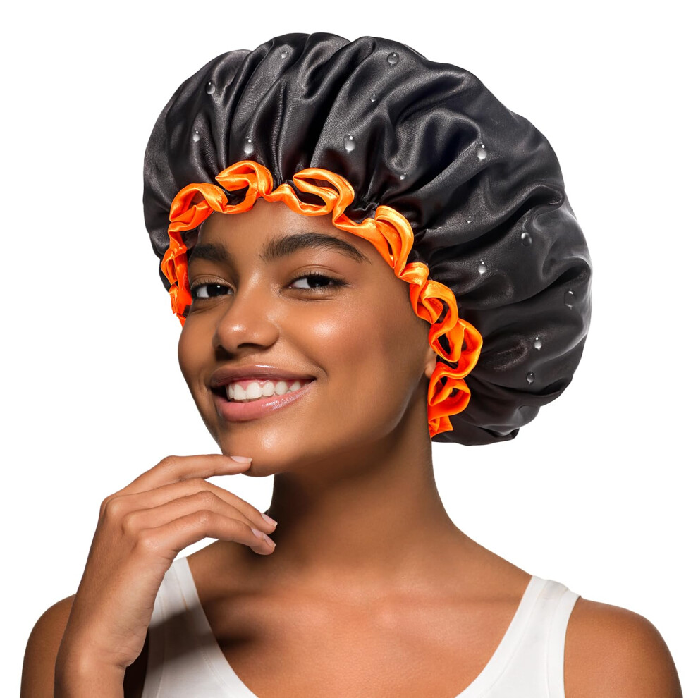 Mikimini Black Shower Cap For Women Long Hair, Reusable Waterproof Shower Hats For Men, Medium Double Layer Washable Bath Cap For Thick Curly Hair 2
