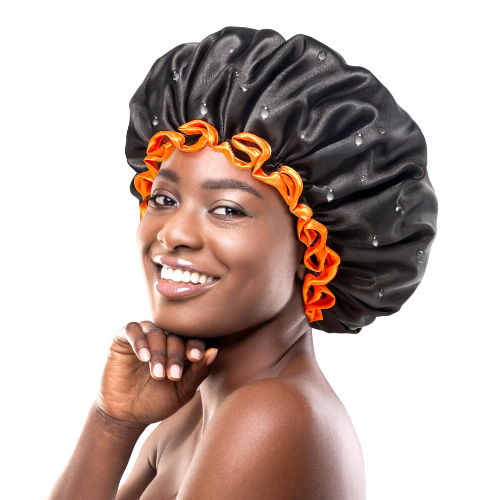 Mikimini Women's Black Large Shower Cap For Long Hair, Reusable Waterproof Shower Hats For Men, Double Layer Washable Bath Cap For Thick Curly Hair