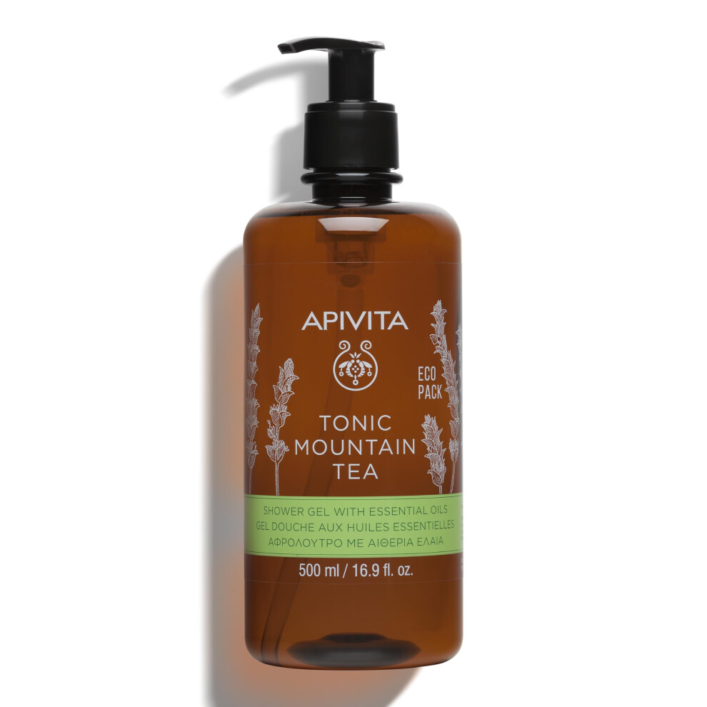 Apivita Tonic Mountain Tea Shower Gel 500Ml - Body Shower Gel Body With Mountain Tea, Propolis & Essential Oils - Gently Cleanses & Revitalizes