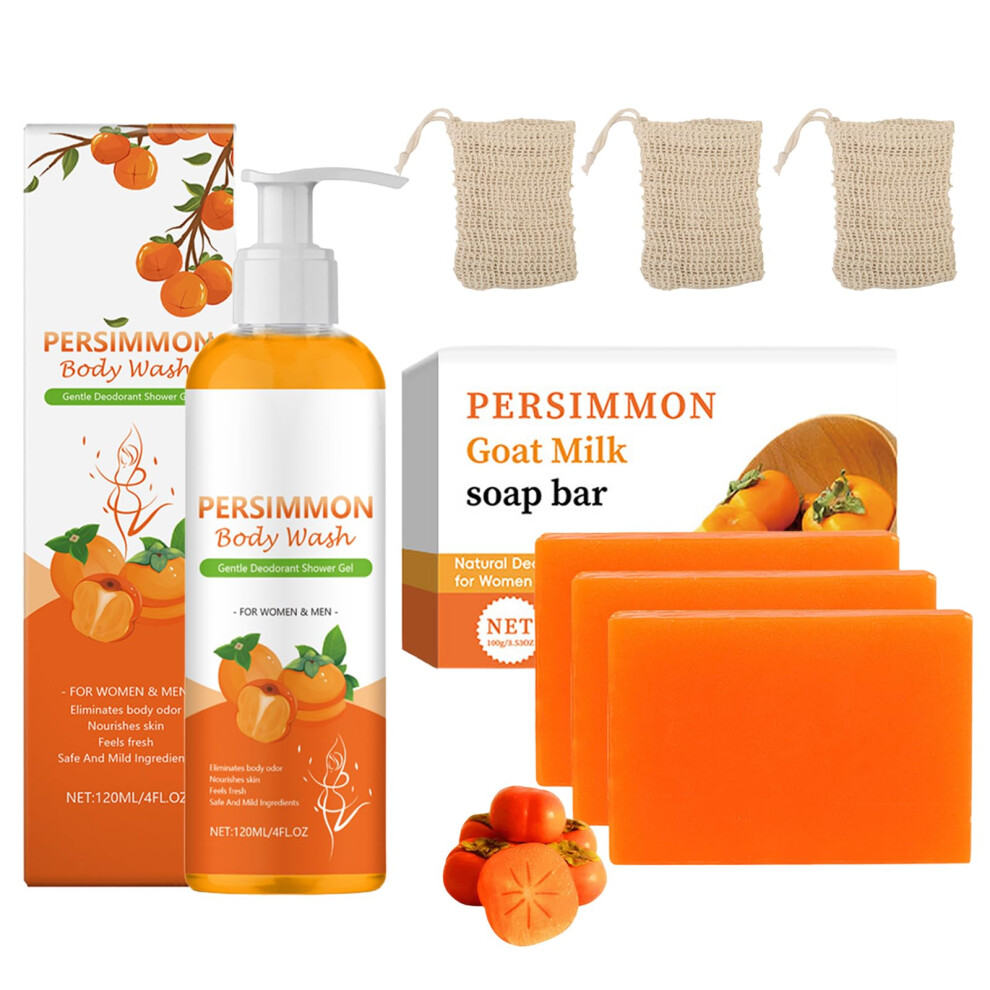 Heuiop Orange 100G Persimmon Goat Milk Soap, 120Ml Persimmon Body Wash Kit, Eliminates Odors, Hydrates, Soothes, Ideal For All Skin Types