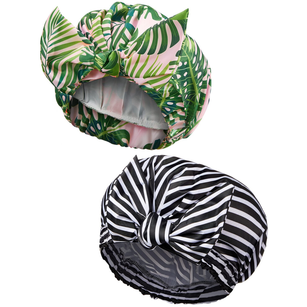 Geyoga 2 Pieces Shower Caps For Women, Waterproof Reusable Shower Hair Caps Elastic Hem Turban Shower Bath Caps For Long, Short And Curly Hair For Women