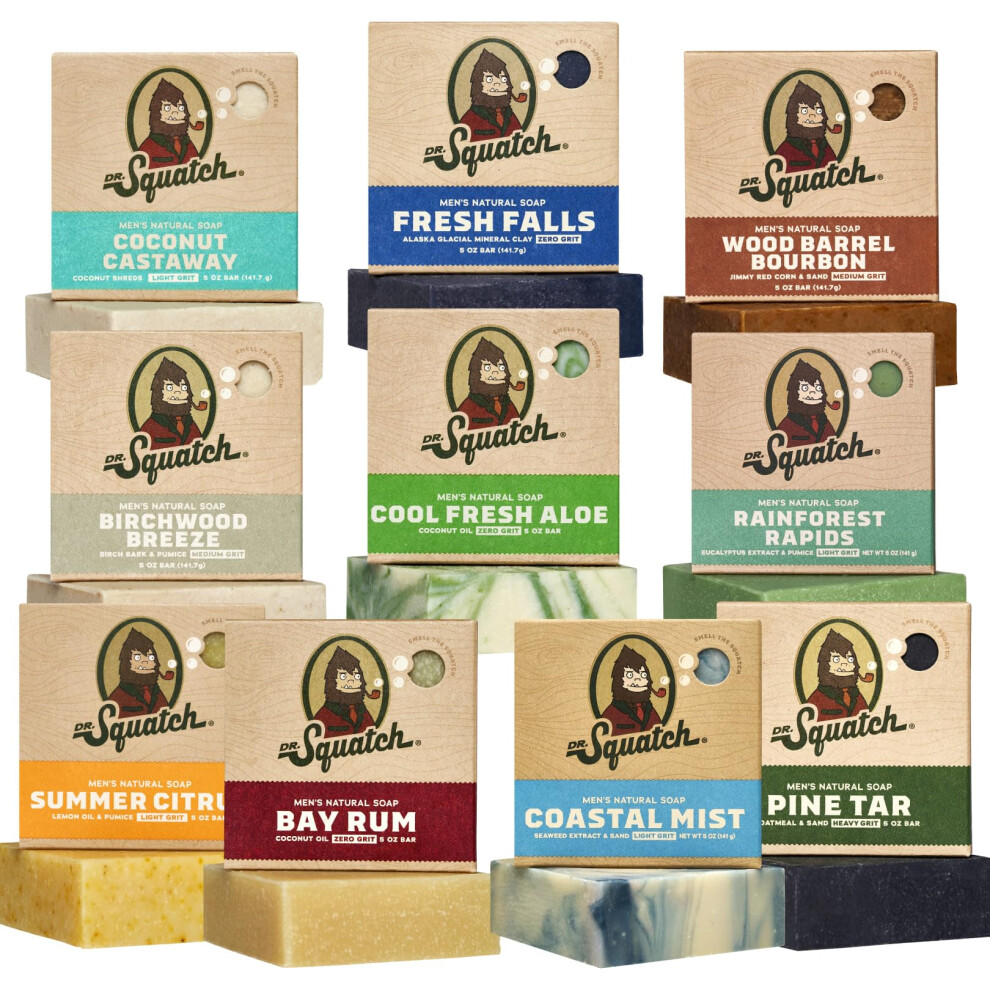 Dr. Squatch Men's Soap Bar Gift Set 10 Bars ? Coconut Castaways, Fresh Falls, Wood Barrel Bourbon, Birchwood Breeze, Cool Fresh Aloe, Rainforest