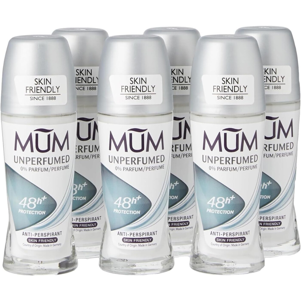 Mum Unperfumed Roll On Deodorant, 48 Hours Plus Protection, Alcohol Free Womens Mens Deodorant, Anti-Perspirant, Vegan, Sustainable Glass Bottle,