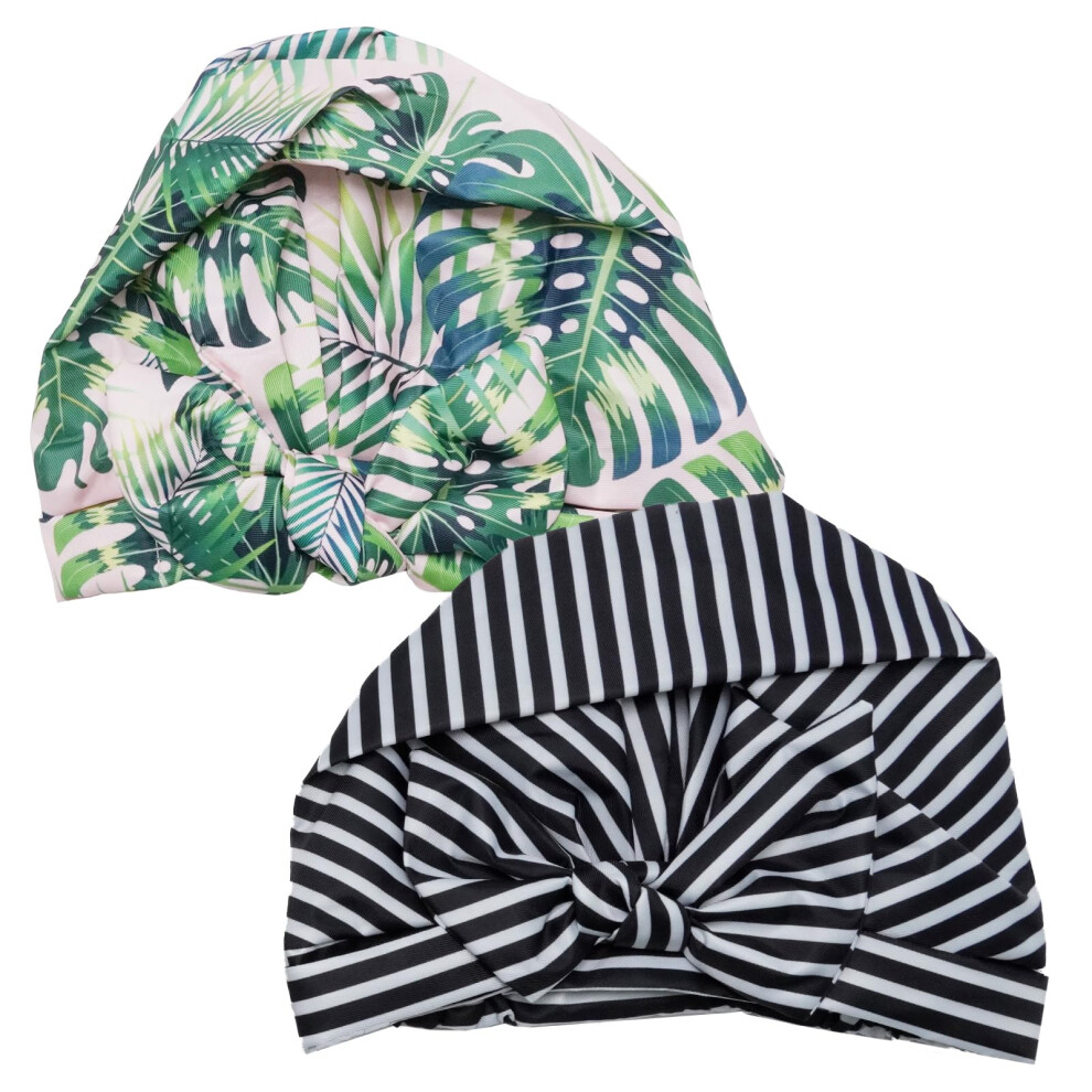 Juuddenparts 2Pcs Stripe And Palm Leaves Shower Caps For Women, Adjustable Elastic Hem Shower Bath Caps, Waterproof And Reusable For Short Curly And