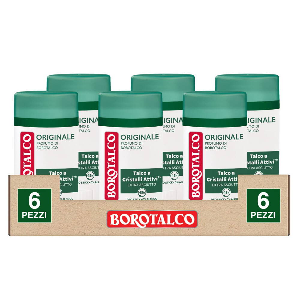 Borotalco 6 X Original Deodorant Stick With Microtalk, Sweat Without Alcohol Effectively 48 H - 6 Air Fresheners 40 Ml Each