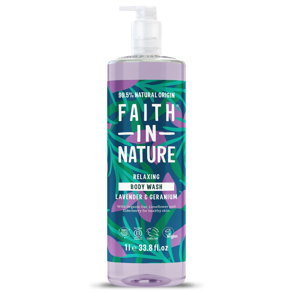 Faith In Nature Lavender 1L Natural & Geranium Body Wash, Nourishing, Vegan And Cruelty Free, No Sls Or Parabens