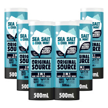 Original Source Mens 3in1 Sea Salt & Cool Mint Shower Gel, 100 Percent Natural Fragrance, Vegan, Cruelty Free, Paraben Free, Bulk Buy, Pack of 6 x 500