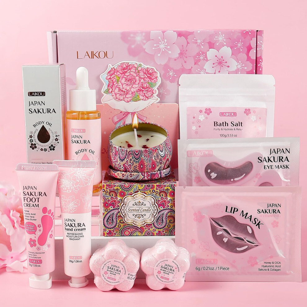 Laikou Sakura Pamper Gift Set, Ultimate Bath & Body Care Collection, Hand & Foot Cream, Body Oil, Bath Bombs, Aromatherapy Candle And More, Self Care