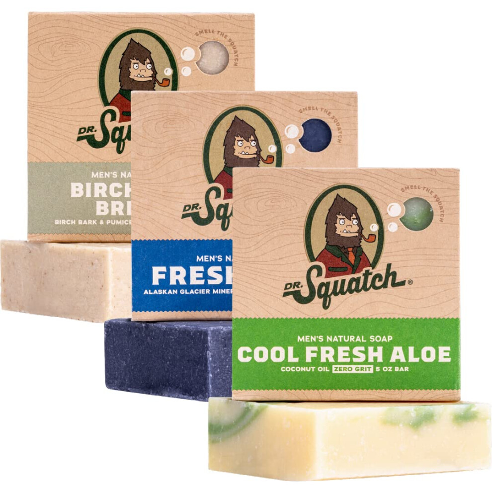 Dr. Squatch All Natural Soap Bar For Men, 3 Bar Variety Pack - Birchwood Breeze, Cool Fresh Aloe, Fresh Falls