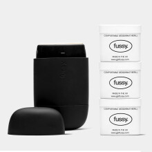 Fussy - Mens Natural Refillable Deodorant - Aluminium Free - 24 Hour Protection - Midnight Black Case & Variety Refill Pack (3 x 40g) - Citrus, Woody