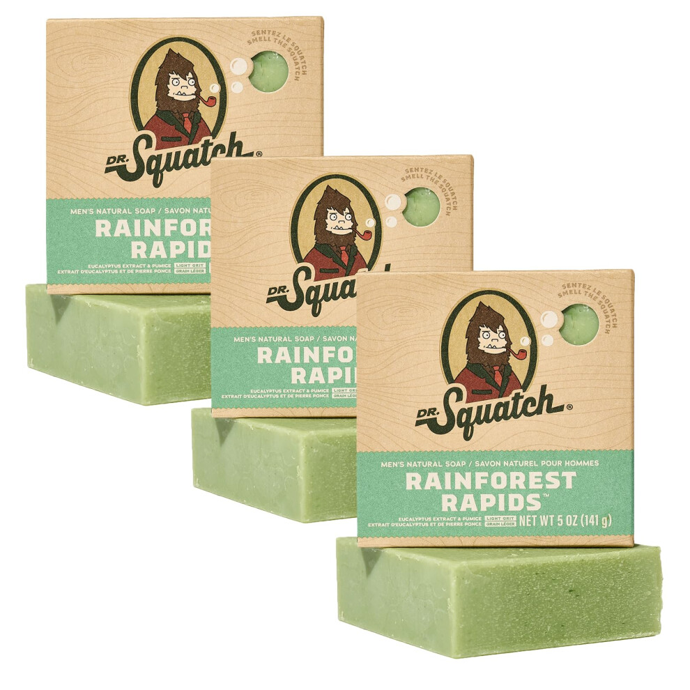 Dr. Squatch Natural Bar Soap For Men - Cold Process Soap With No Harmful Ingredients - Rainforest Rapids (5 Oz, 3-Pack)