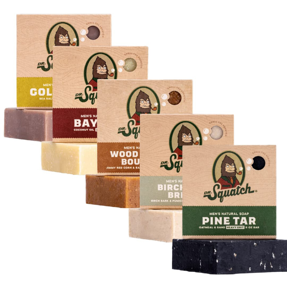 Dr. Squatch Gold All Natural Soap Bar For Men, 5 Bar Variety Pack - Bay Rum, Birchwood Breeze, Moss, Pine Tar, Wood Barrel Bourbon