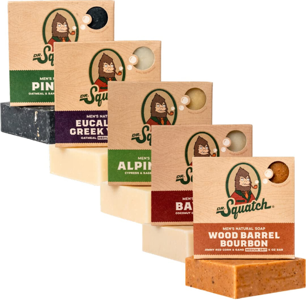 Dr. Squatch All Natural Soap Bar For Men, 5 Bar Variety Pack - Alpine Sage, Bay Rum, Pine Tar, Eucalyptus Greek Yogurt, Wood Barrel Bourbon