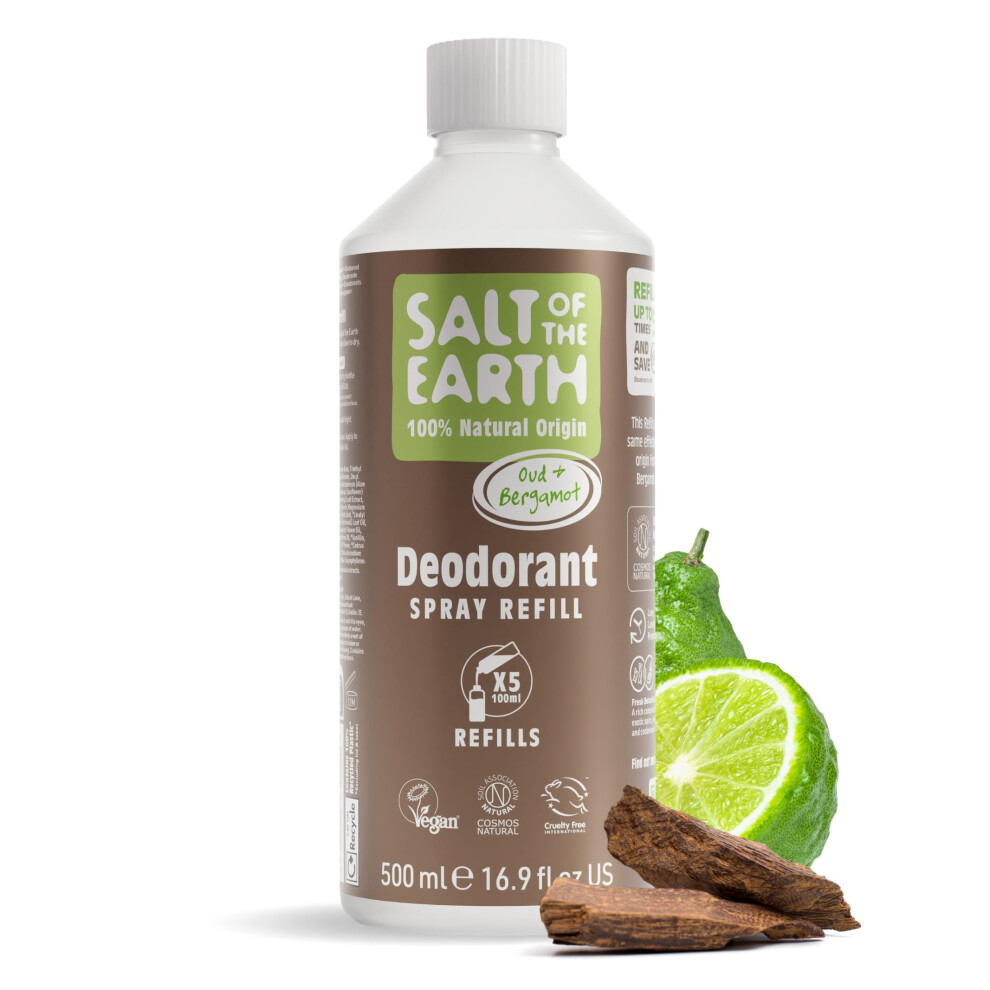 Salt Of The Earth - Natural Deodorant Spray Refill - Oud & Bergamot - 100% Natural Origin Ingredients - Vegan - Suitable For Men, Women & Children