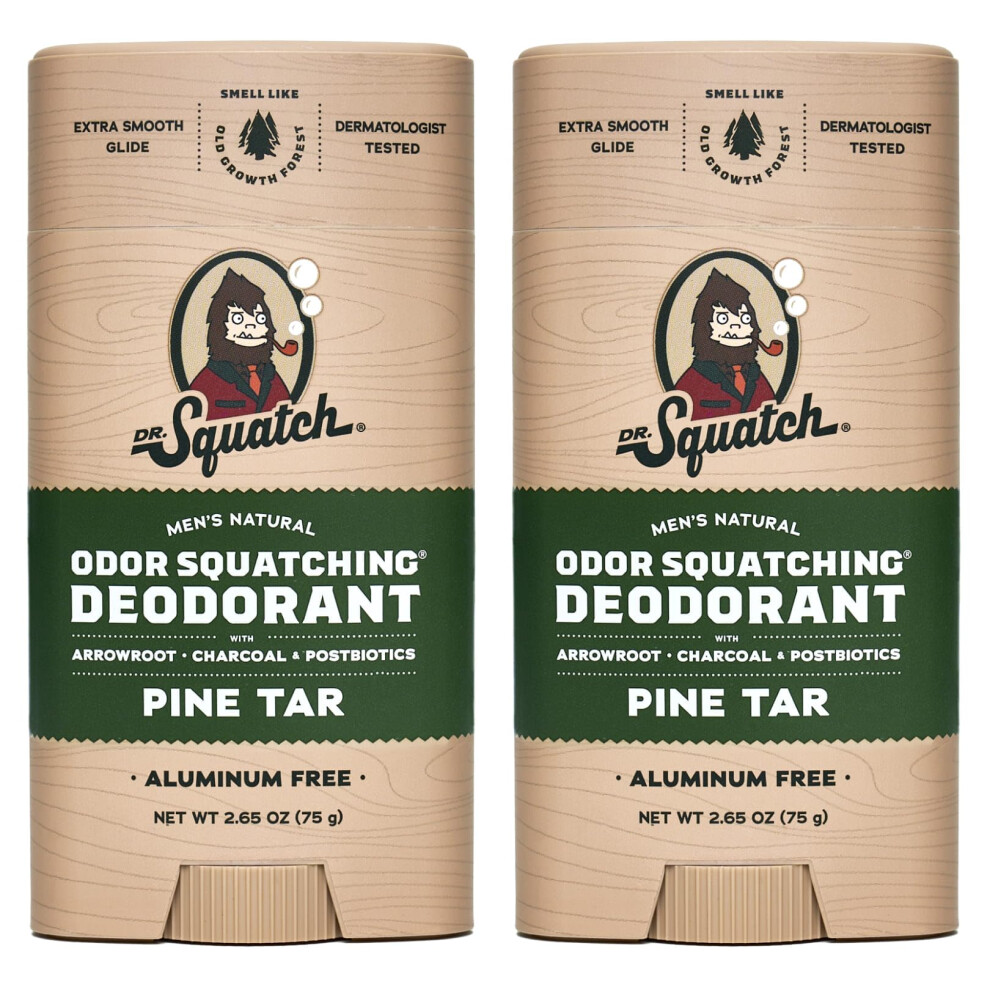 Dr. Squatch Natural Deodorant For Men 2 Pack Pine Tar ? Odor-Squatching Men's Deodorant Aluminum Free (2.65 Oz, 2 Pack)