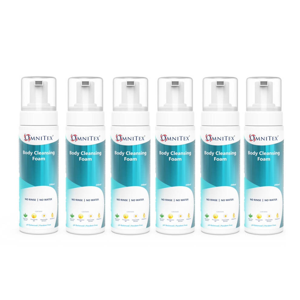 Omnitex 6X 200Ml Rinse Free Body Cleansing Foam, With Herbal Oils & Vitamins | No Water - No Rinse Body Wash | Clean, Nourish & Protect, No Parabens,