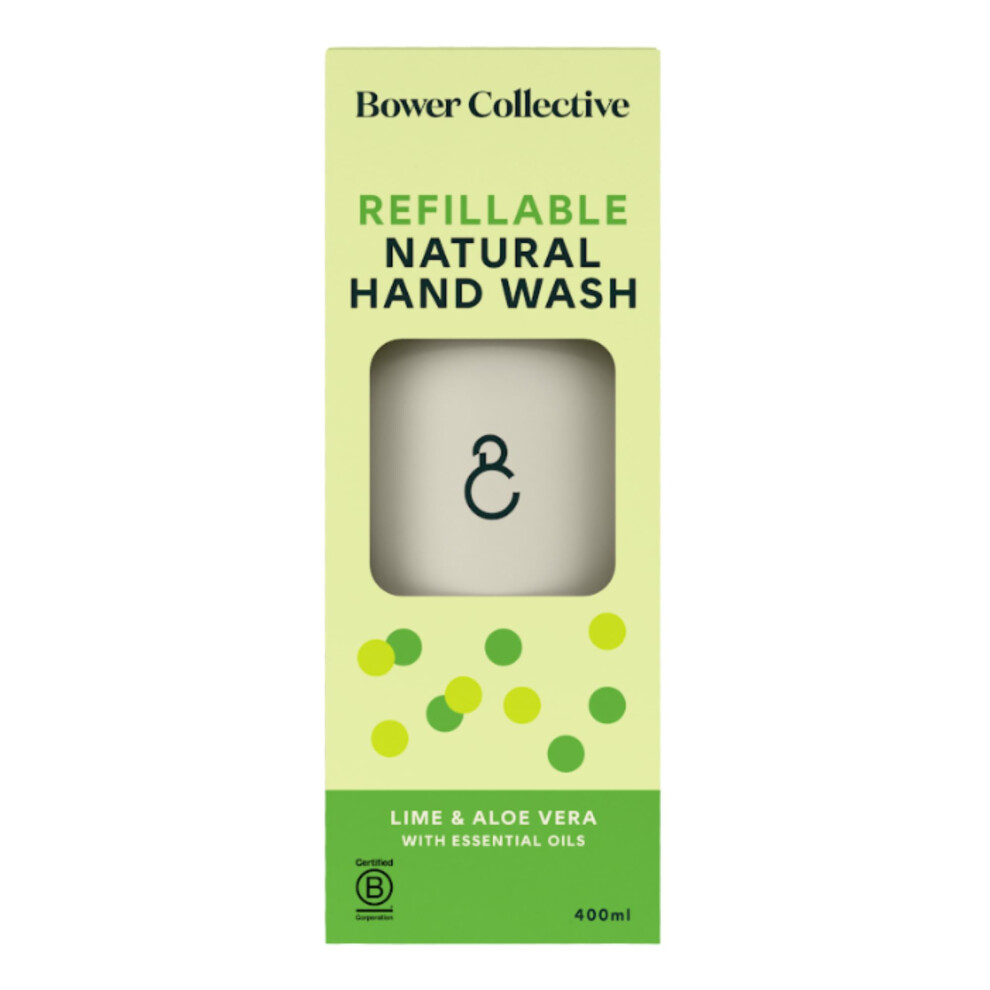Bower Collective Natural Hand Wash Starter Pack, Lime & Aloe Vera Liquid Hand Wash, Reusable Dispenser With 400Ml Refillable Bathroom Soap,