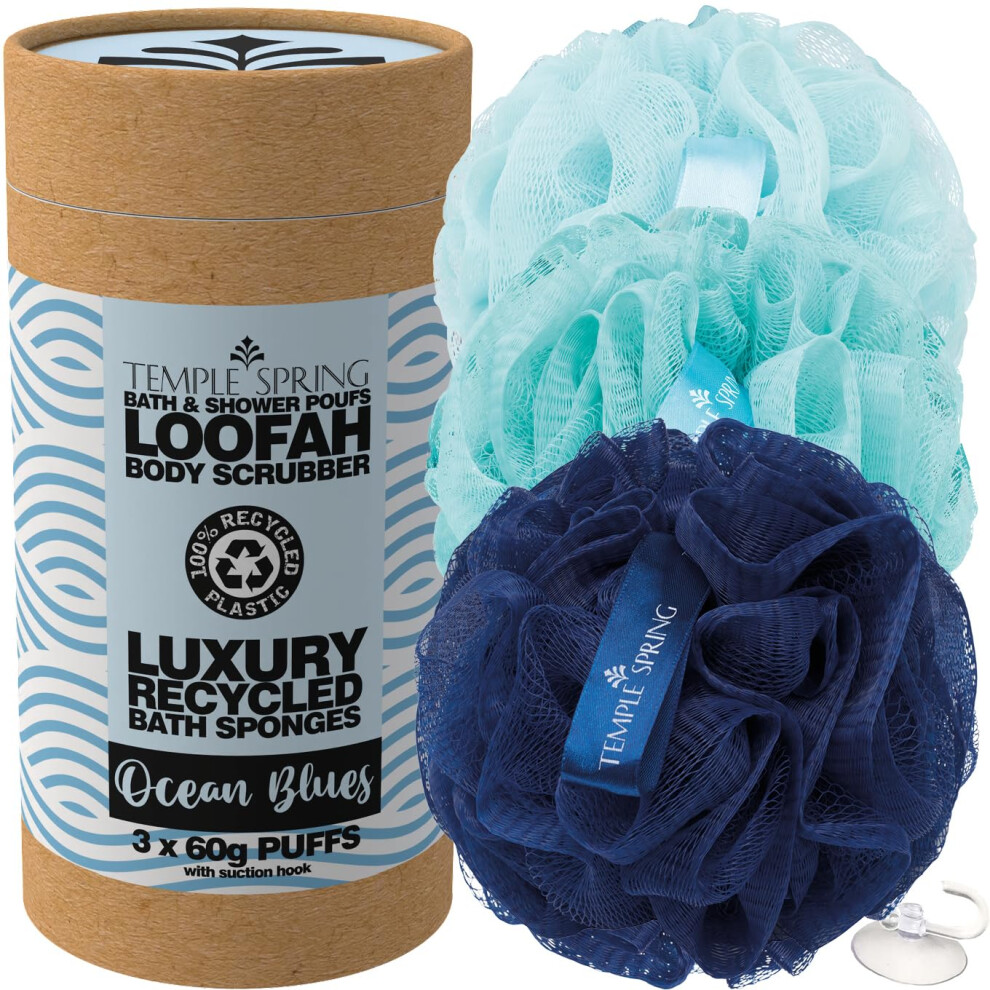 Temple Spring Loofah Shower Sponge, Recycled Body Scrubber Scrunchies, Exfoliating Bath Sponge, Shower Puff Bath Sponges For Adults, Loofah Back