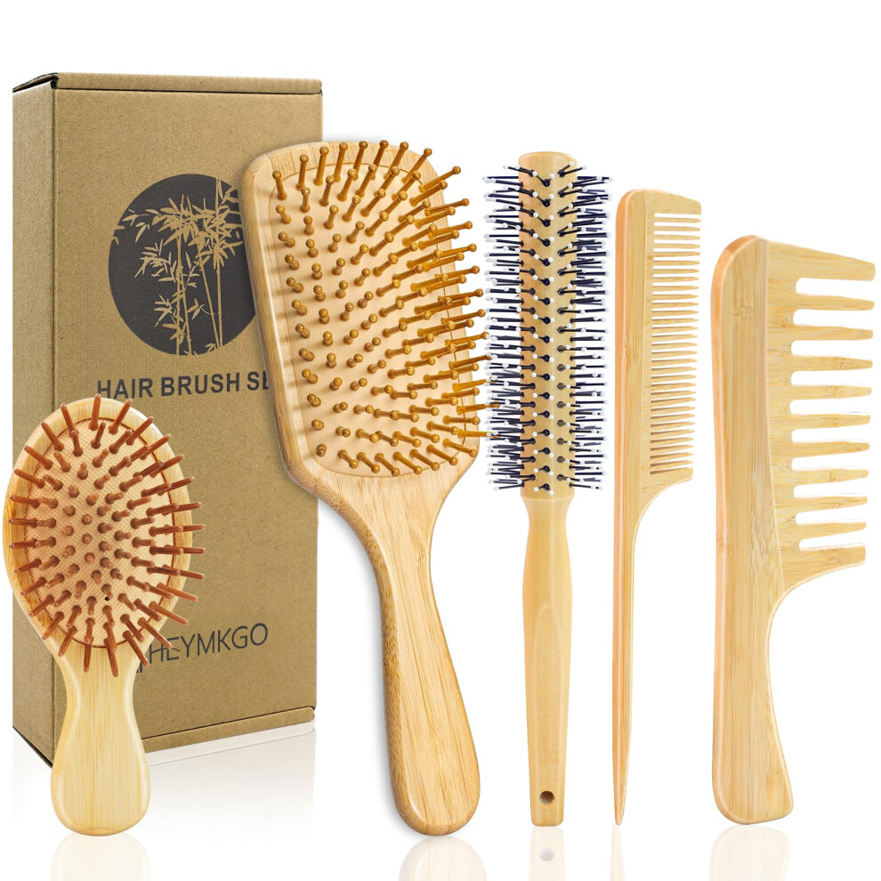 Heymkgo Bamboo Hair Brush Set, Hairbrush 5Pcs For Long Short Curly Thick Thin Hair-Natural Paddle Hair Brush With Scalp Massage Eco-Friendly Bamboo