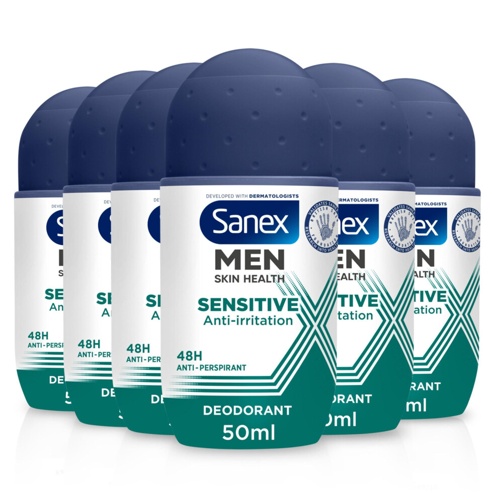 Sanex Men's Sensitive Antiperspirant Roll-On Deodorant 6X50ml, 48 Hour Sweat Protection, Odour-Fighting Formula, Slows Down Odour Release, Gentle On
