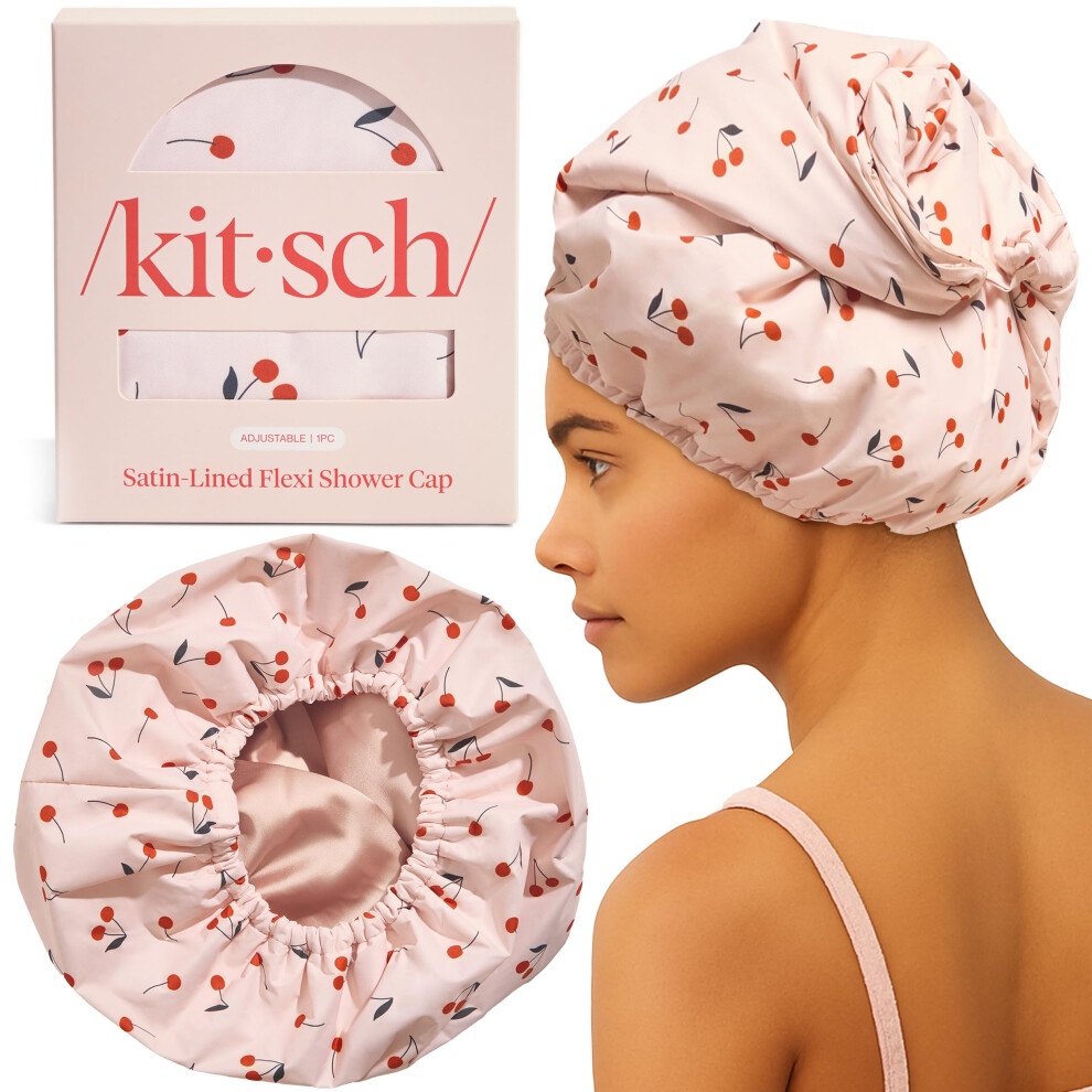 Kitsch Luxury Shower Caps For Women Reusable Waterproof - Flexi Satin Lined, Large Shower Cap For Men, Non-Slip, Quick-Dry, Adjustable, Stylish Hair