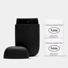 Fussy - Mens Natural Refillable Deodorant - Aluminium Free - 24 Hour Protection - Midnight Black Case & Variety Refill Pack (2 x 40g) - Wide Eyed &