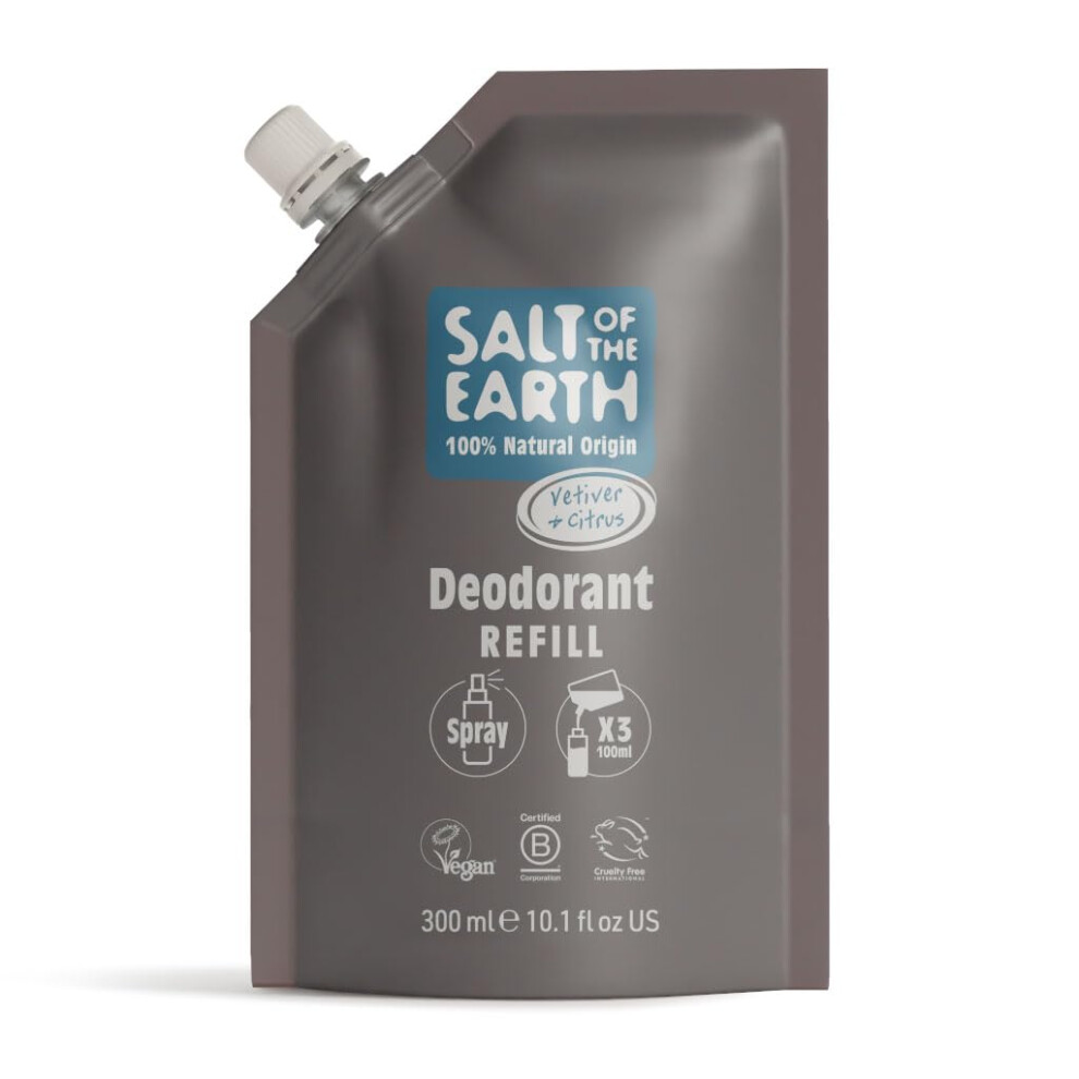 Salt Of The Earth - Natural Deodorant Spray Refill Pouch, X3 Uses - Vetiver & Citrus - Vegan, Long Lasting Protection, Leaping Bunny Approved, Made In