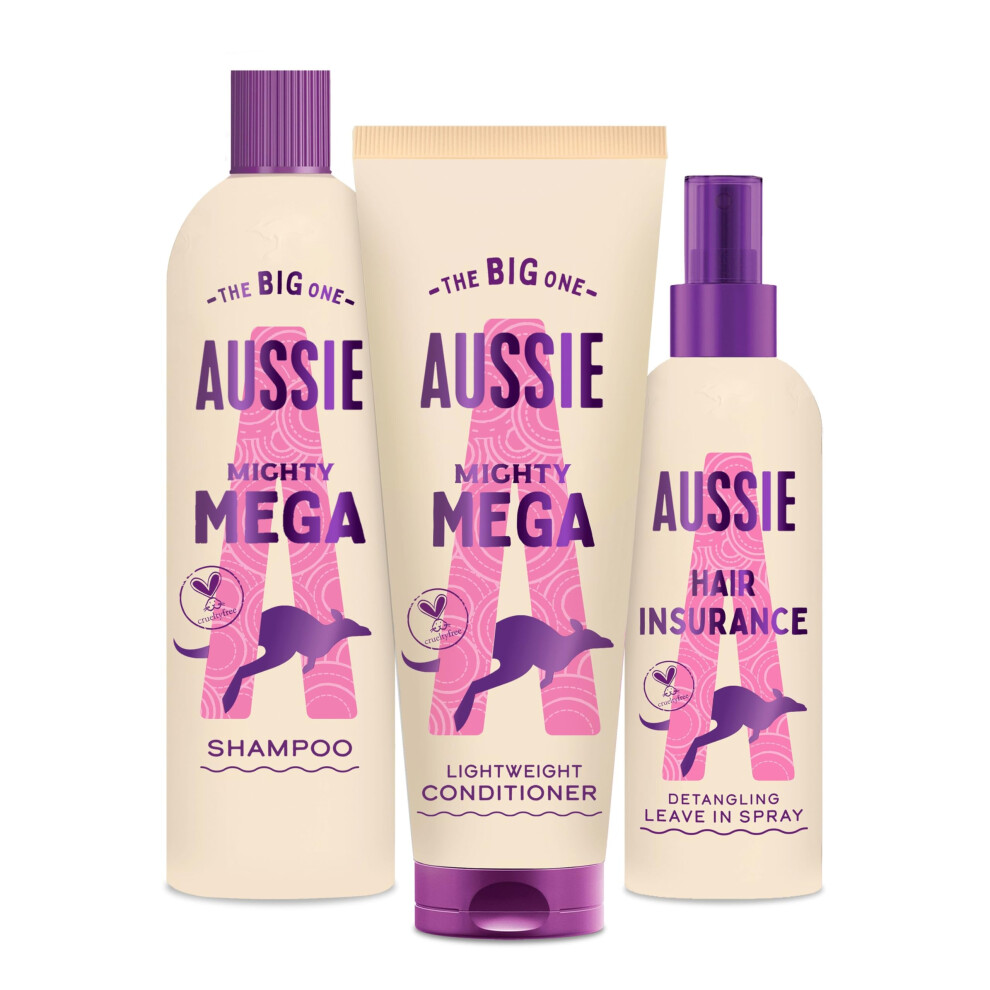 Aussie Cream/White Bundle: Mighty Mega Shampoo 400Ml And Lightweight Conditioner 275Ml & Hair Insurance Detangling Leave-In Spray 250Ml