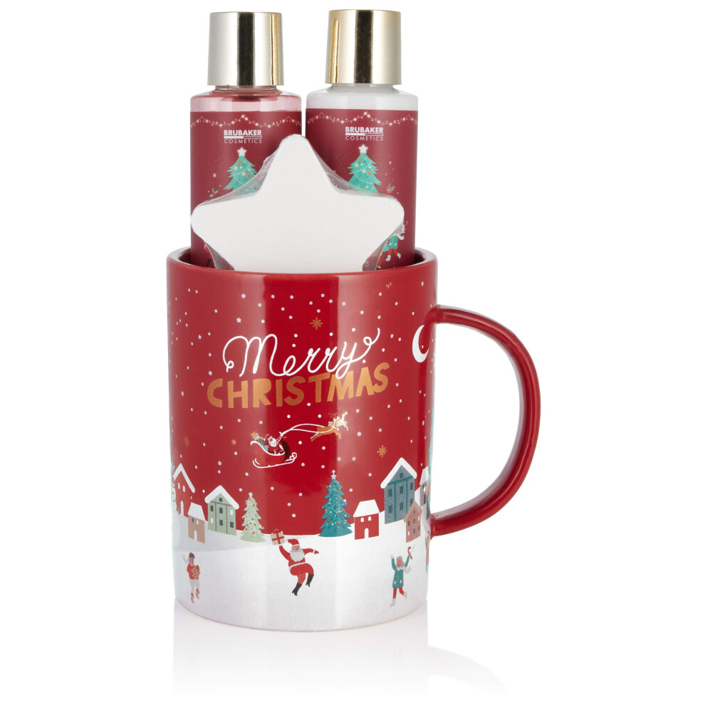Brubaker Cosmetics Bath And Shower Set Winter Berry Fragrance - 4-Piece Gift Set With Large Christmas Cup - Christmas Set For Women And Men