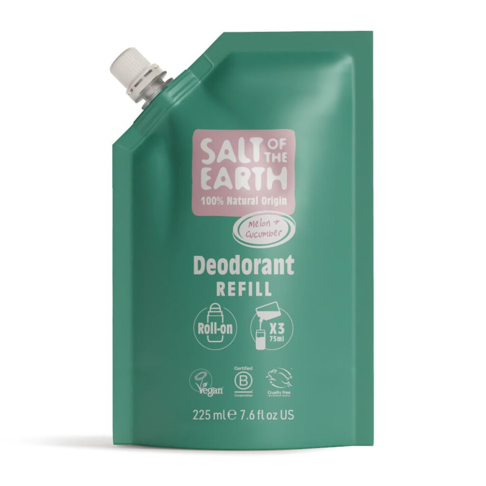Salt Of The Earth Green - Natural Deodorant Roll On Refill Pouch, X3 Uses - Melon & Cucumber - Vegan, Long Lasting Protection, Leaping Bunny Approved, Made