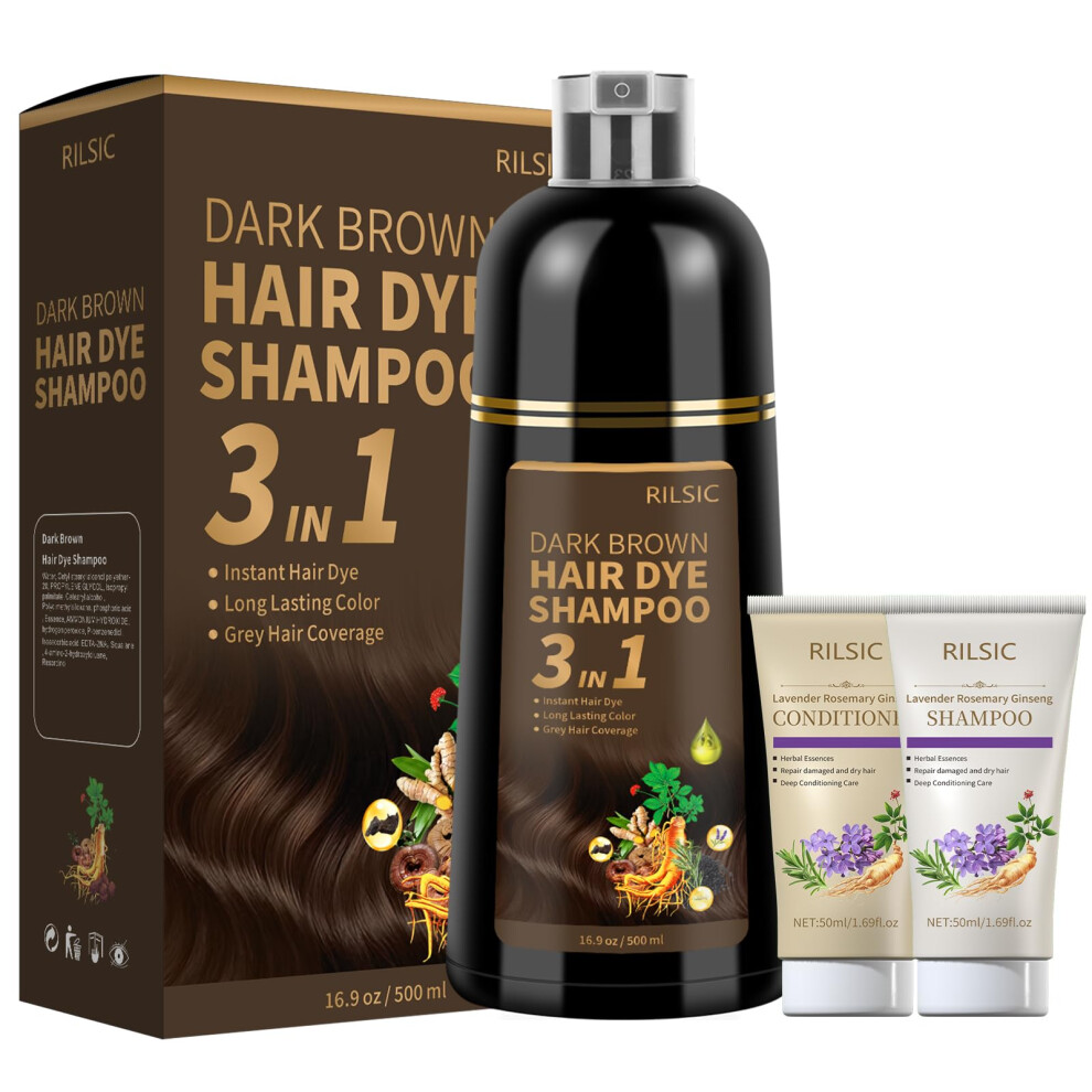 Rilsic Dark/Brown/Grey Hair Dye Shampoo 3 In 1 For Hair Coverage, 500Ml Herbal Instant Hair Color & 50Ml Shampoo & 50Ml Conditioner, Long