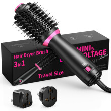 ONEWEST 3in1 Hair Dryer Brush, Dual Voltage One-Step Ionic Hot Air Brush with Negative Ion, 2 Speeds and 2 Adapters,Portable Electric Hair Brush for