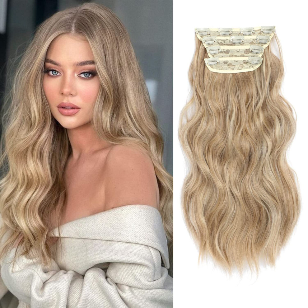 Morichy Unisex Brown Hair Extensions Clip In 4Pcs Dirty Blonde With Highlights Hair Extension Long Wavy Full Head Clip In Hair Extension Synthetic Fiber Hair Pieces